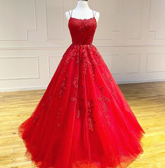 Red Lace Prom Dress Lace up Back Evening Dress Formal Dress Ball Party Gown  -  Canada