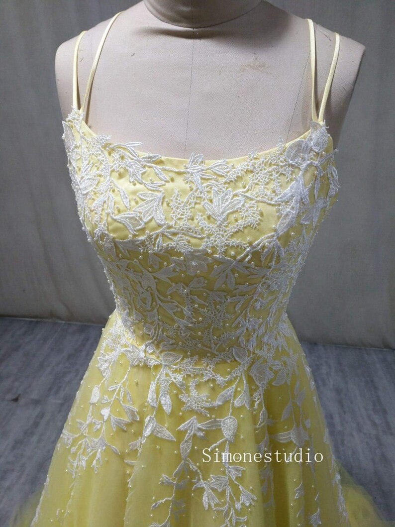 Yellow Lace Prom Dress Lace up Back Evening Party Gown Etsy