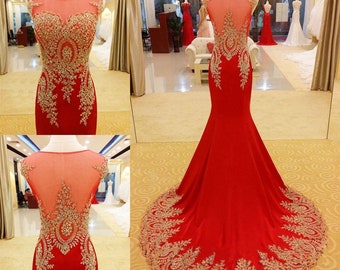 red and gold prom dress