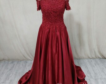 Burgundy Prom Dress Short Sleeves Evening Dress Formal Dress Ball Party Gown