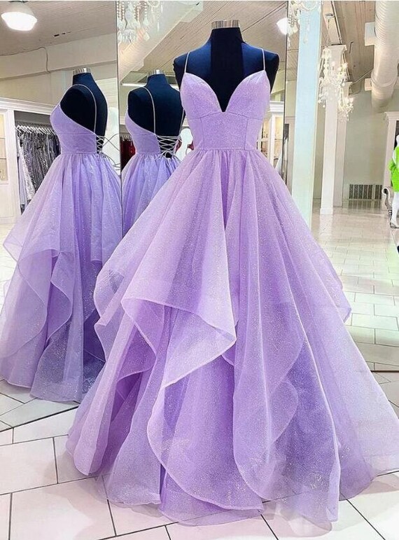 A-line Princess V Neck Sleeveless Floor-Length Tulle Prom Dress with  Ruffles Glitter S7679P - Prom Dresses - Stacees