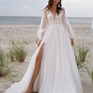 Boho Wedding Dress Dot Tulle With Sleeves Bohemian Bride Dress, Beach Bridal Gown ,Dress For Bride Wedding Custom Made image 1