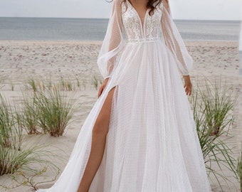 Boho Wedding Dress Dot Tulle With Sleeves Bohemian Bride Dress, Beach Bridal Gown ,Dress For Bride Wedding Custom Made