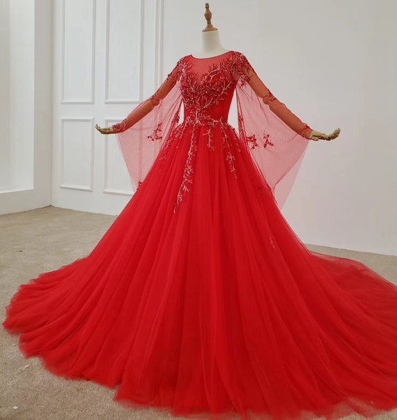 Red long sleeves lace appliqués tulle ball gown skirt wedding prom dre –  Anna's Couture Dresses