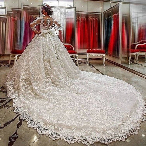 Princess Lace Wedding Dress Long Sleeves, Beach Bride Dress, Bridal Gown , dress for Bride Wedding Custom Made 