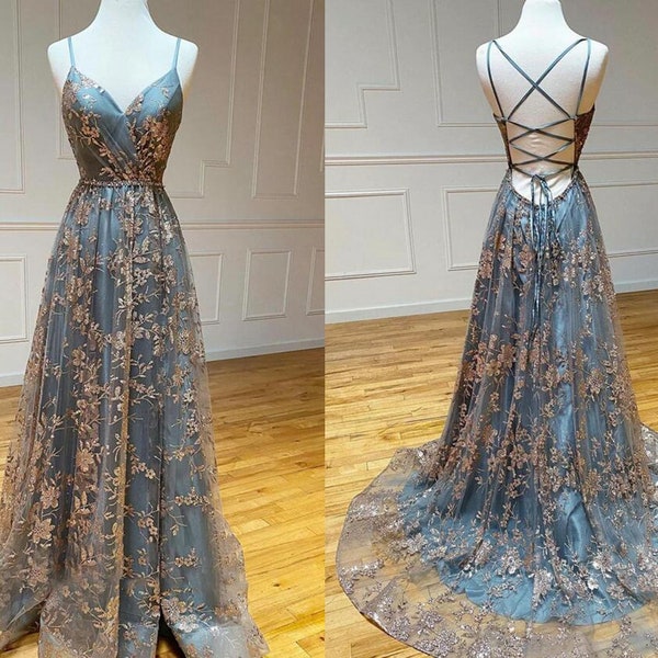 Spitzen-Abschlussballkleid, überkreuzter Rücken, Abendkleid, formelles Kleid, Ball-Partykleid