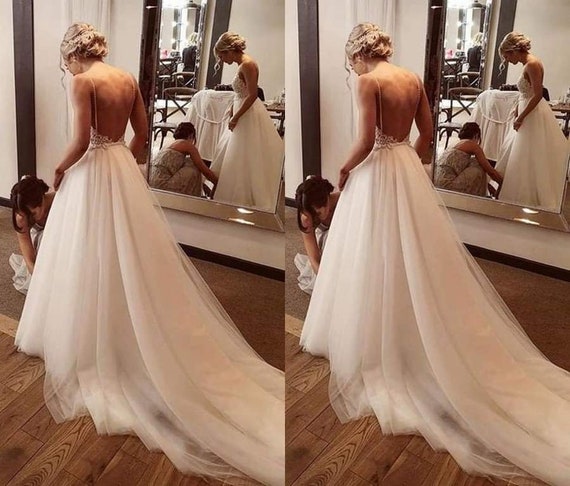 Low back a line wedding best sale dresses