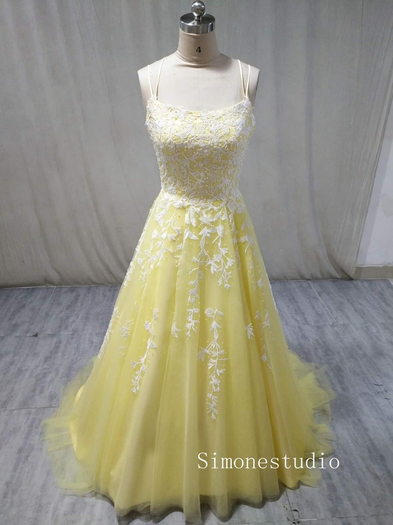 Yellow Lace Prom Dress Lace up Back Evening Party Gown Etsy