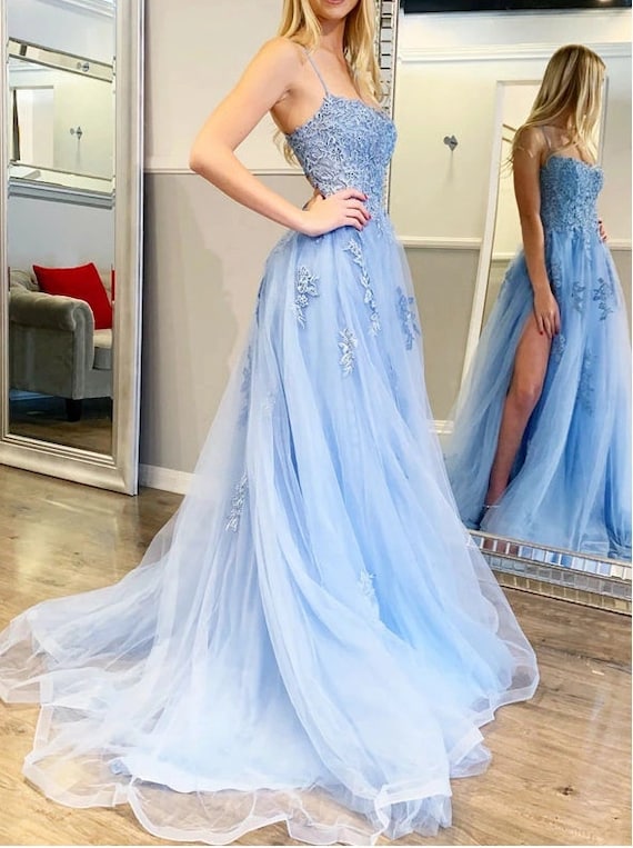 Light Blue Lace Prom Dress With Slit Girls Graduation Party Wear Evening  Dress Formal Dress Ball Party Gown -  Canada