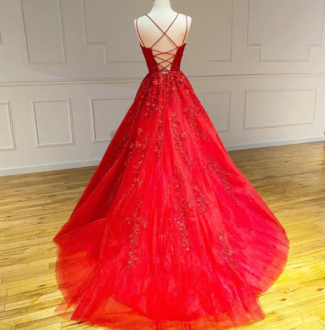 Red Lace Prom Dress Lace up Back Evening Dress Formal Dress Etsy