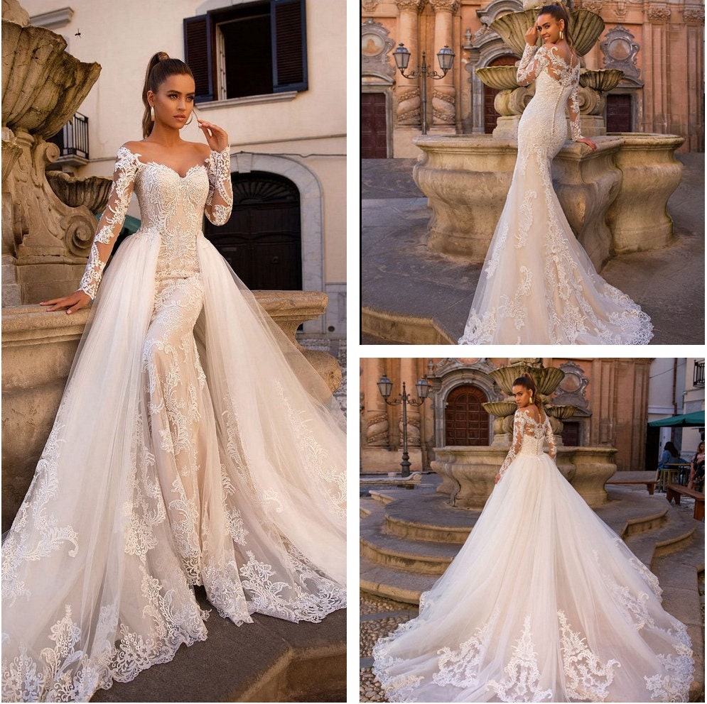 Wedding gown top with removable skirt
