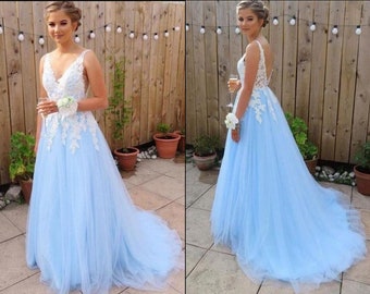 Sky Blue Prom Dress Custom Made Wedding Dress Girls Evening Dress Formal Dress Ball Party Gown