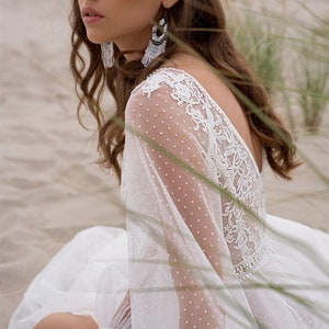 Boho Wedding Dress Dot Tulle With Sleeves Bohemian Bride Dress, Beach Bridal Gown ,Dress For Bride Wedding Custom Made image 5