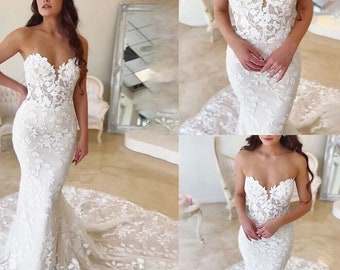 Mermaid Lace Wedding Dress Long Train , Bride Dresses, Bridal Gown ,Dress For Bride