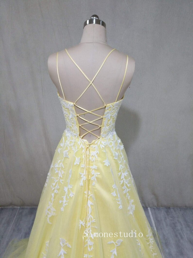 Yellow Lace Prom Dress Lace up Back Evening Party Gown Etsy