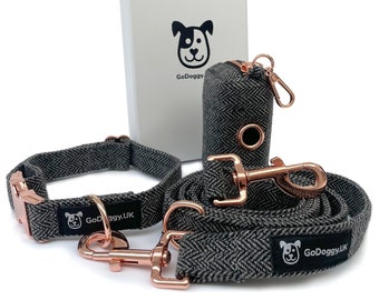 Cadeauset voor tweed hondenhalsband en riem, elegant ontwerp, verstelbare halsband, riem en poepzakjeshouder. Roségoud voor kleine tot middelgrote honden - GoDoggy