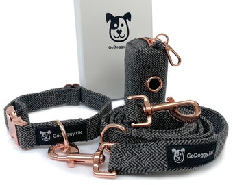 Tweed Dog collar and lead gift set, Elegant design, Adjustable collar, Lead and Poo bag holder. Rose Gold for Small to Medium dogs - GoDoggy