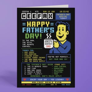 Peut inclure: Une carte de vœux avec un design en pixel art rappelant une page télétexte CEEFAX. Le fond noir affiche du texte et des graphiques en jaune, bleu et blanc, incluant un personnage tenant une tasse marquée World's Okayest Dad.