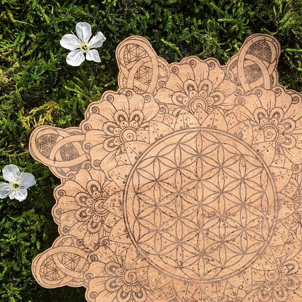 Heilige Geometrie Blume des Lebens • Spirituelle Mandala-Kunst • Lasergraviertes umweltfreundliches veganes Korkleder