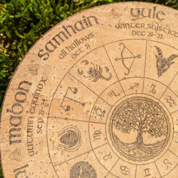 Wheel of the Year Engraved on Vegan Cork Leather • Witch Shrine • Sabbat Calendar • Pagan Altar • Witch Wheel • Witchy Gifts • Wiccan Decor