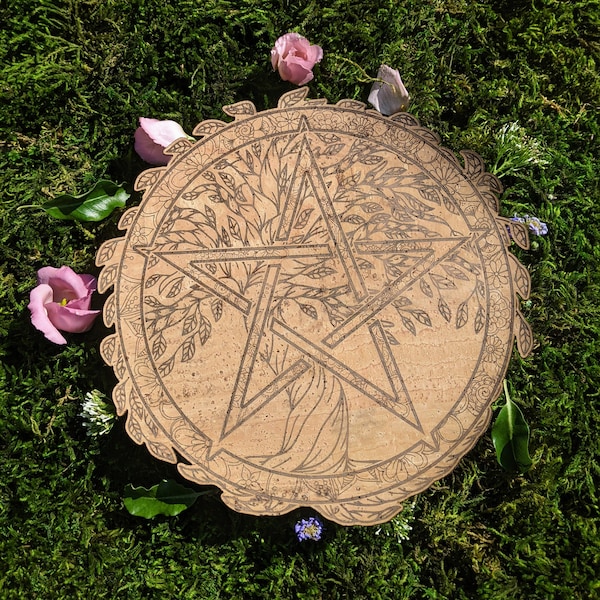 Pentacle Altar Tile • Pagan Wiccan Witchcraft Witchy Decor • Engraved on Eco Friendly Vegan Cork Leather