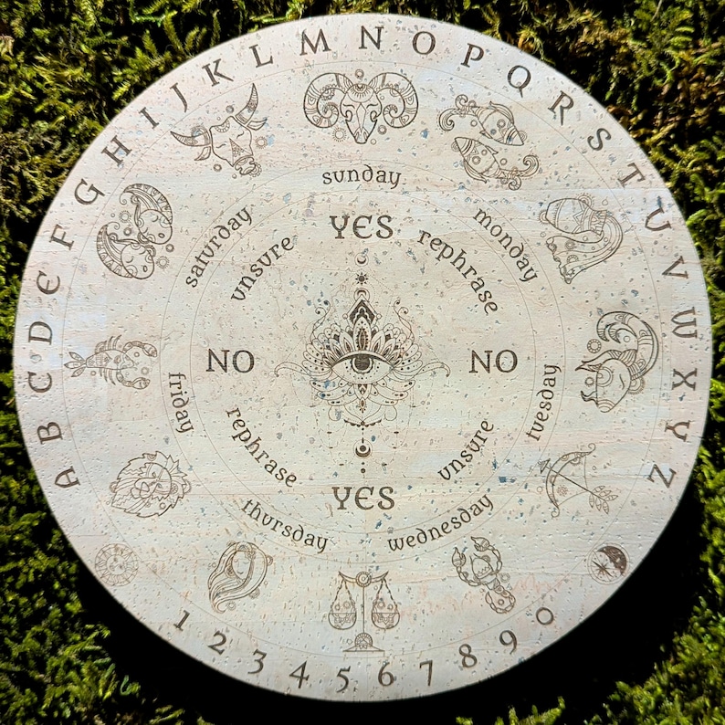 May include: A round, light-colored Ouija board with engraved letters, numbers, and zodiac symbols. The board features the words "YES," "NO," and "rephrase," along with the days of the week. The board is set against a green, mossy background.