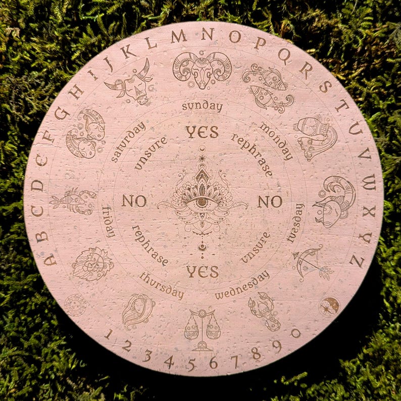 May include: A round, light pink divination board with engraved zodiac symbols, letters, numbers, and the words "yes," "no," and "rephrase." The board features a central eye design and is surrounded by the alphabet and numbers.