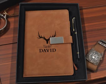 Custom Leather Notebook With Pen With Gift Box, Men's Notebook Set, Groomsmen Birthday Gift for Him, Personalized Notebood and Pen Set