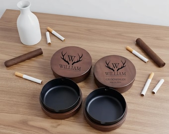 Groomsman Gift, Personalized Wooden Ashtray with Lid, Custom Name Ashtray, Smoking Gift For Men, Gift for Dad, Vintage Gift For Grandpa