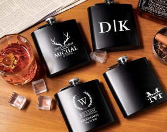 Wedding Groom Gift For Husband, Personalized Black Stainless Steel Flask Engraved Mens Party Bar Accessory, Groom gift, Groom Party Favor