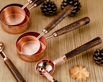 Personalized Engraved Measuring Cups Measuring Spoons, Custom Engraved Measuring Cups Spoons Set with Wooden Handles, Kitchen Utensil