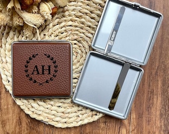 Estuche de cuero personalizado para cigarrillos, regalo para el Día del Padre, caja de cigarrillos grabada, regalo para fumadores, boquilla, regalo para padrinos de boda.