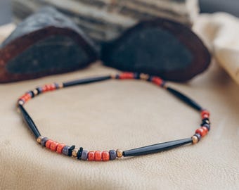 Black buffalo bone choker Necklace- Red & Purple glass Crow beads