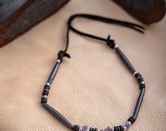 Black buffalo bone choker - Amethyst stones