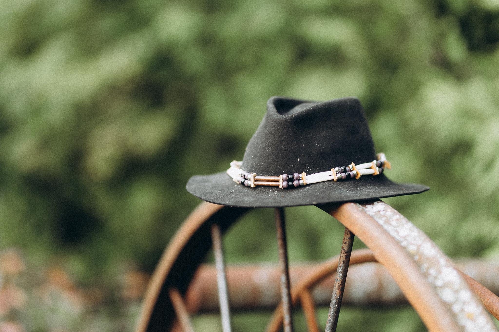Black Wool Rustic Rancher with Leather Band Western Floral Black Leather Belt for Men Women, Cowboy  main image 3