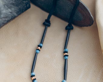 Black buffalo bone choker necklace- Turquoise glass Crow beads