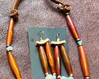 Amber buffalo bone and Emerald stone earring and necklace SET