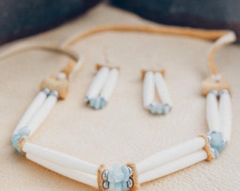 Light Blue stone  buffalo hairpipe Choker necklace & earring SET