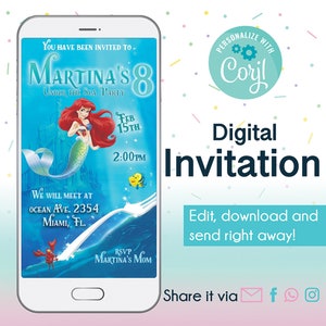Mermaid digital invitation ocean sea party ariel birthday
