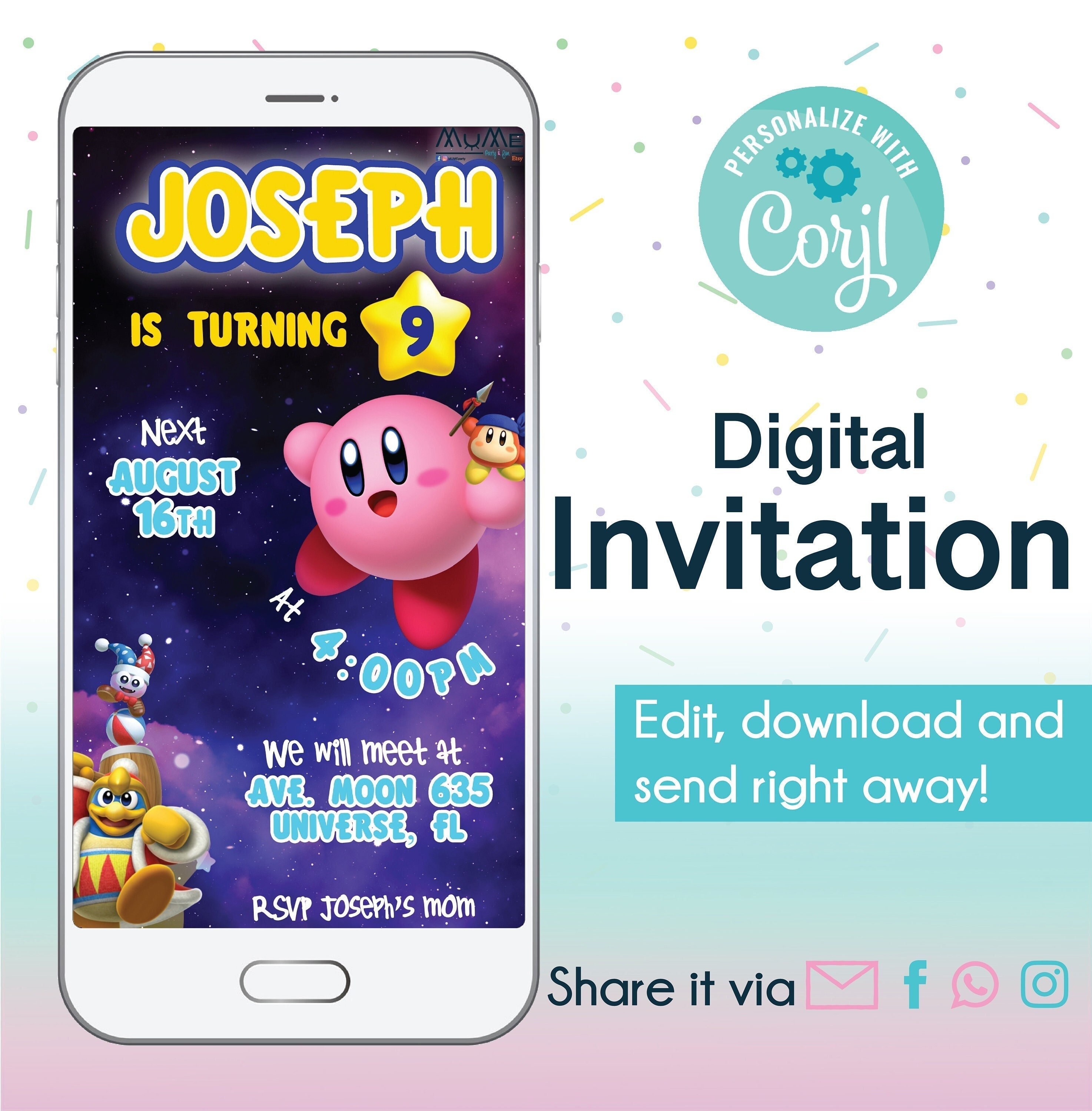 Videogame Kirby Digital Invitation Birthday Universe Party Etsy