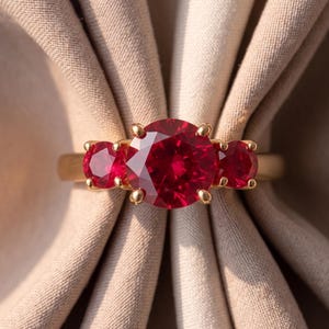 Puede incluir: Un anillo de oro con una gran piedra preciosa roja redonda y facetada en el centro, flanqueada por dos piedras rojas redondas y facetadas más pequeñas a cada lado. Las piedras están engastadas en una banda de oro con cuatro garras para la piedra central.