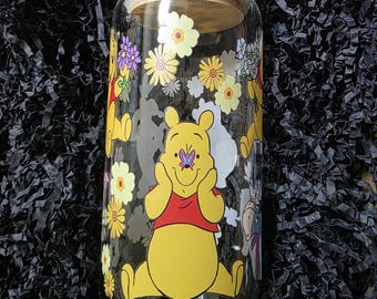 Winnie the Pooh Themed Glass Cup with Bamboo Lid and Glass Straw | Pooh Bear | Eeyore | Piglet