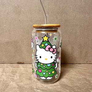 Christmas Themed Glass Cup with Bamboo Lid and Glass Straw