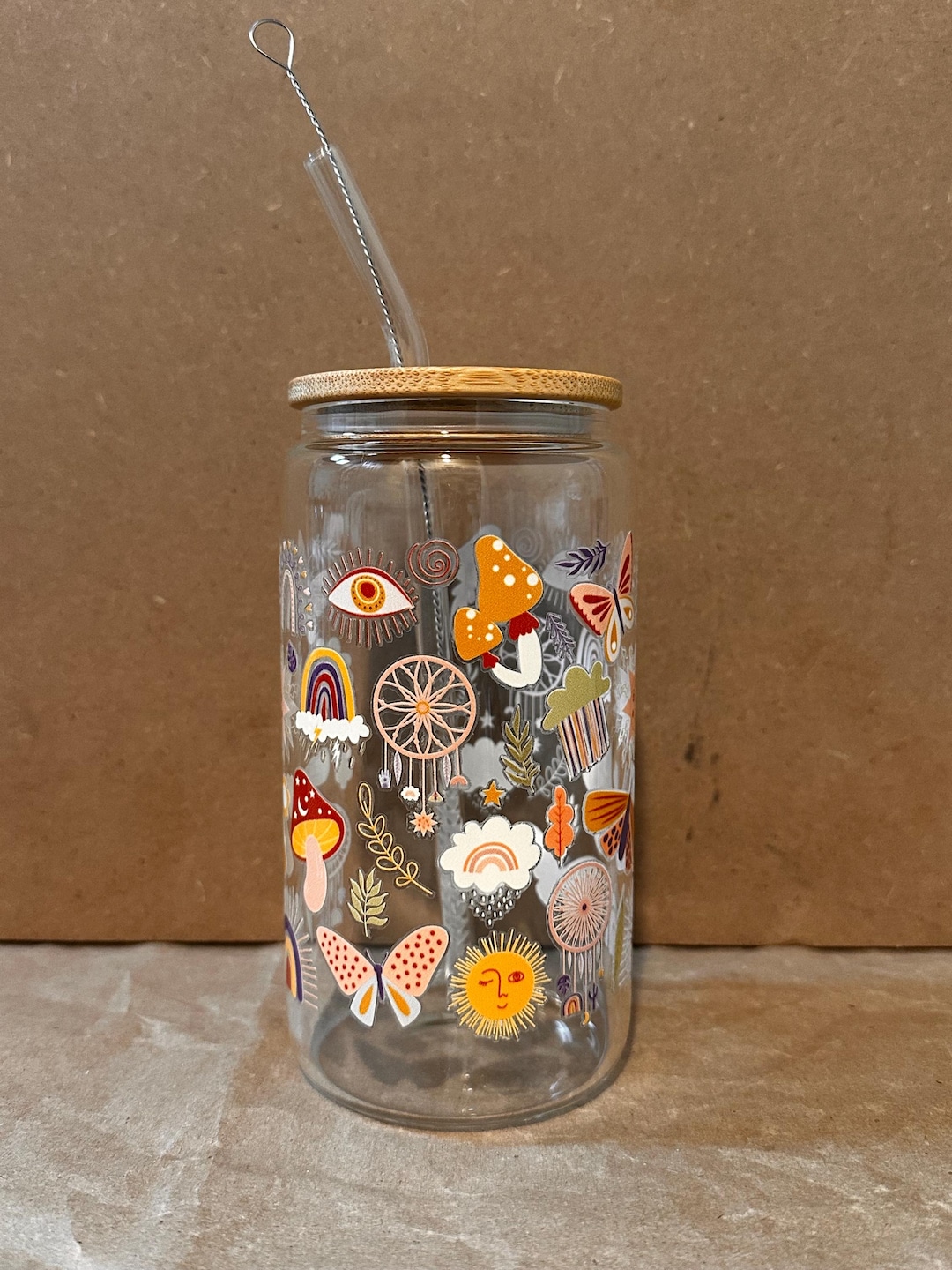 Boho Themed Glass Cup With Bamboo Lid and Glass Straw | Butterflies ...