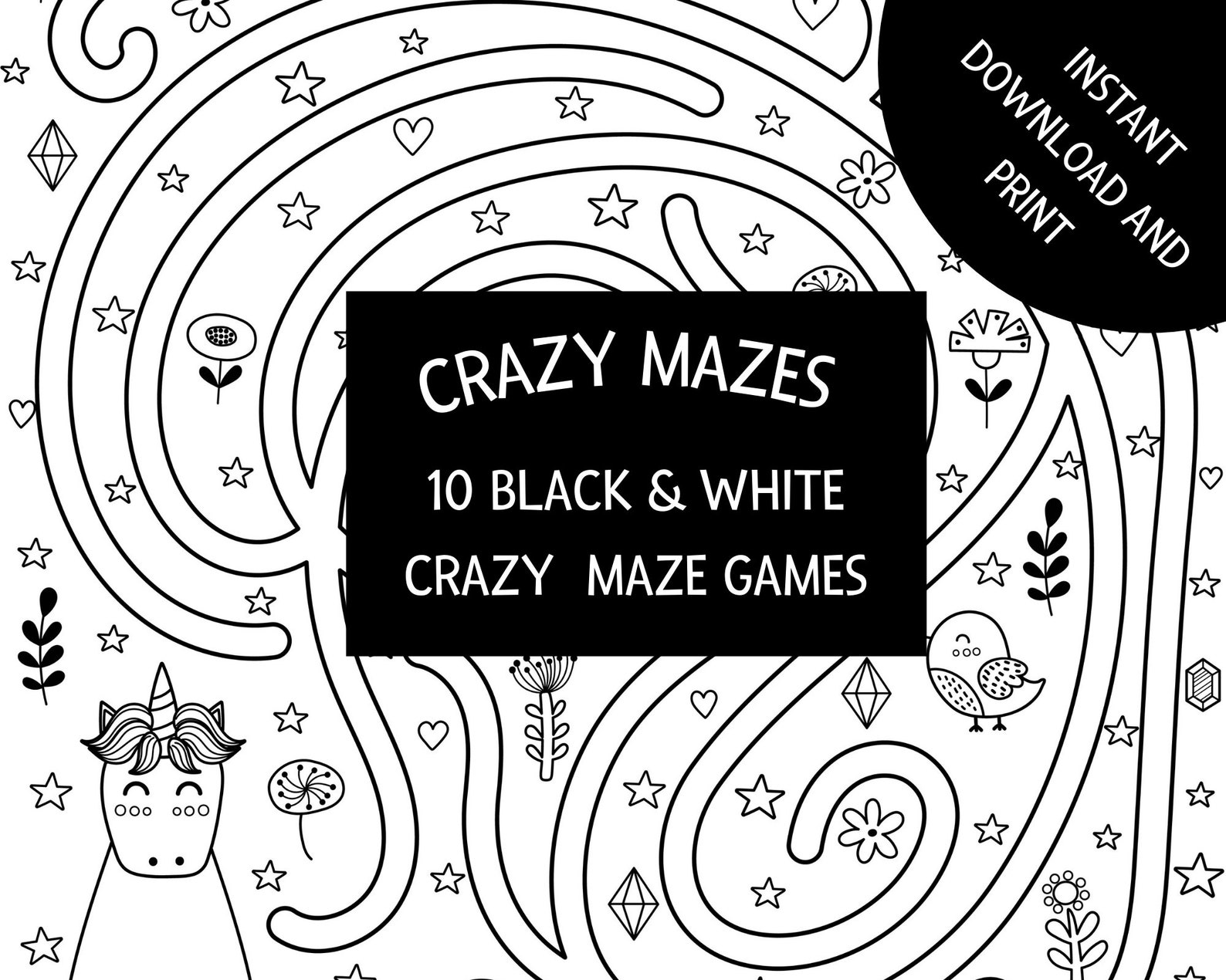 10 Kids Printable Black And White Crazy Mazes Instant PDF | Etsy