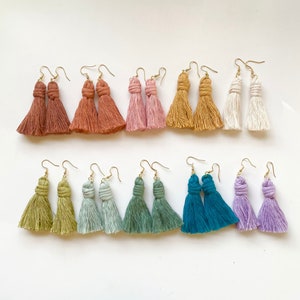 May include: A set of 10 pairs of tassel earrings in various colors, including pink, green, blue, white, and brown. The earrings are made with a gold-colored hook and a tassel made of yarn.