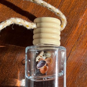 May include: A clear glass bottle with a wooden top and a string attached. The bottle contains small seashells.