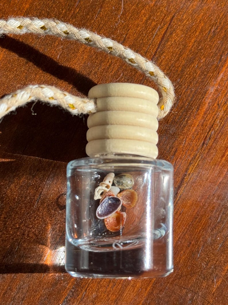 May include: A clear glass bottle with a wooden top and a string attached. The bottle contains small seashells.