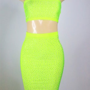 Neon Two-piece Strapless Rhinestone Body Con mini skirt and crop top| two piece set women, midi skirt, two piece set, Neon pink party dress