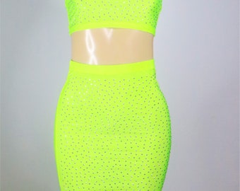 Neon Two-piece Strapless Rhinestone Body Con mini skirt and crop top| two piece set women, midi skirt, two piece set, Neon pink party dress